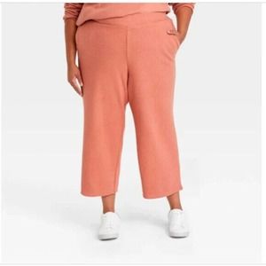 NEW Ava & Viv Women's Plus Size Ribbed Cropped Straight Leg Pants Coral 2X